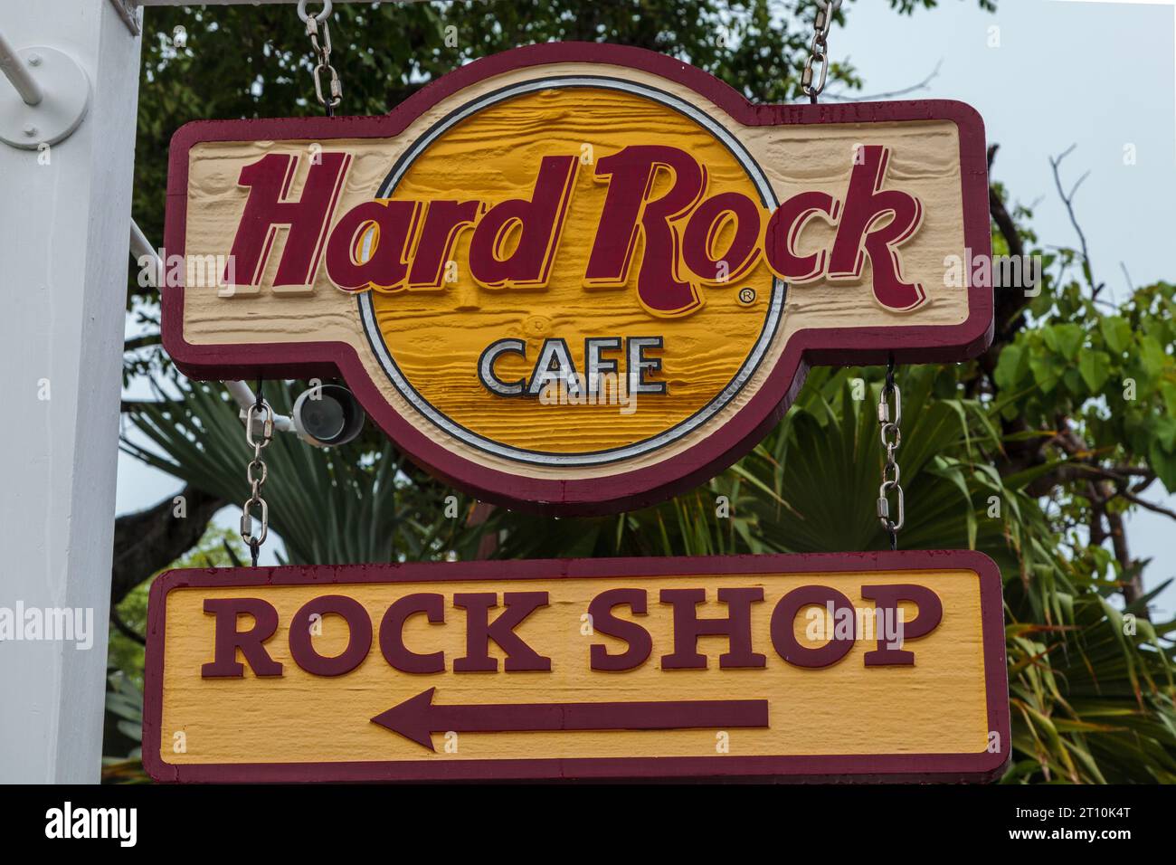 Panneau et logo du Hard Rock Cafe et Rock Shop, Duval Street, Key West, Floride, États-Unis Banque D'Images