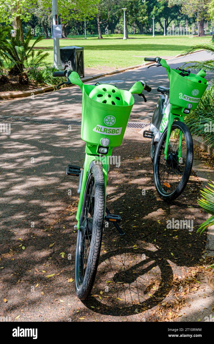 Vélos électriques Lime vert vif à Hyde Park, Sydney, Australie Banque D'Images