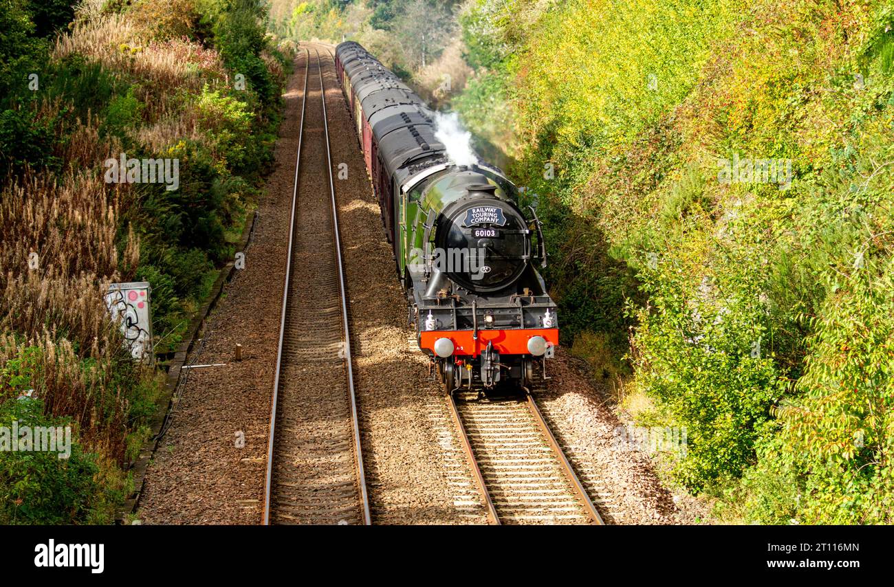 Dundee, Tayside, Écosse, Royaume-Uni. 10 octobre 2023. Le Flying Scotsman fait son dernier voyage de l'année en Écosse. La locomotive à vapeur la plus célèbre au monde, la Flying Scotsman, passe par Dundee à l'heure aujourd'hui à 12.12pm le 10 octobre 2023 en route pour Aberdeen depuis Édimbourg, puis revient plus tard dans la journée. La locomotive célèbre actuellement sa 100e année avec des voyages à travers l'Écosse. Aujourd'hui, le Flying Scotsman effectue son dernier voyage avant de rentrer chez lui au National Railway Museum à York. Crédit : Dundee Photographics/Alamy Live News Banque D'Images