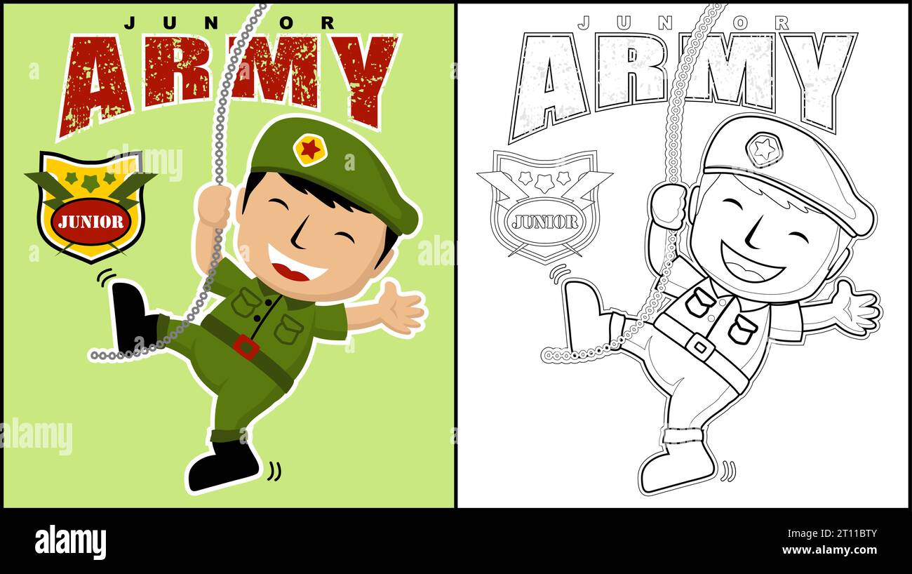 Livre de coloriage de dessin animé de soldat drôle accroché sur des chaînes Illustration de Vecteur