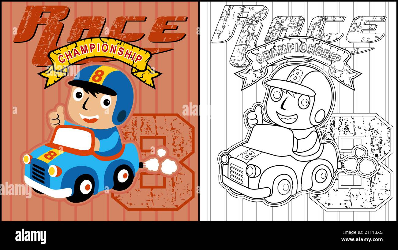 Livre de coloriage de coureur petit garçon sur la voiture de course Illustration de Vecteur