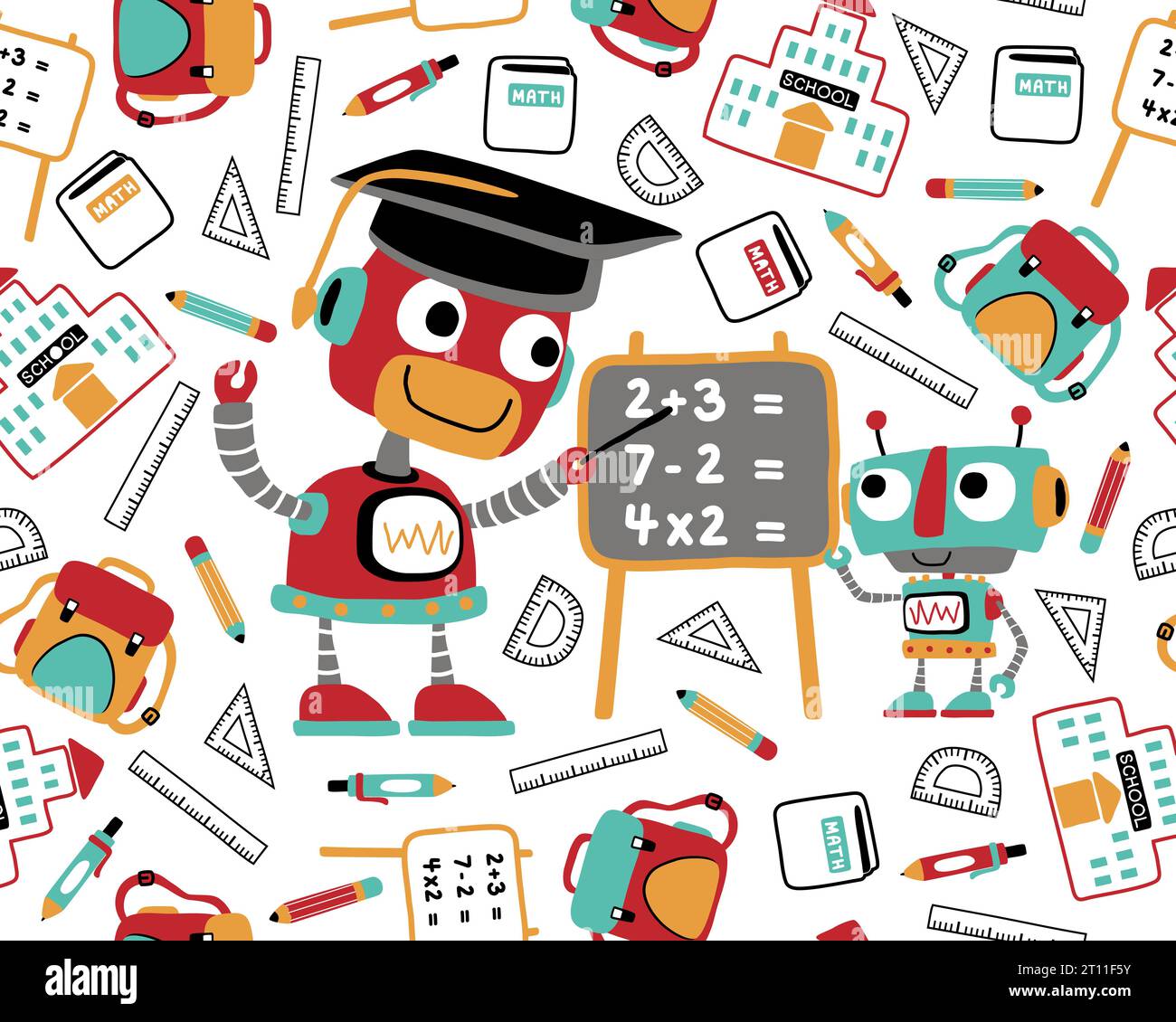 Vecteur de modèle sans couture d'illustration d'éléments de fournitures scolaires, dessin animé de robots drôles étudiant les mathématiques Illustration de Vecteur
