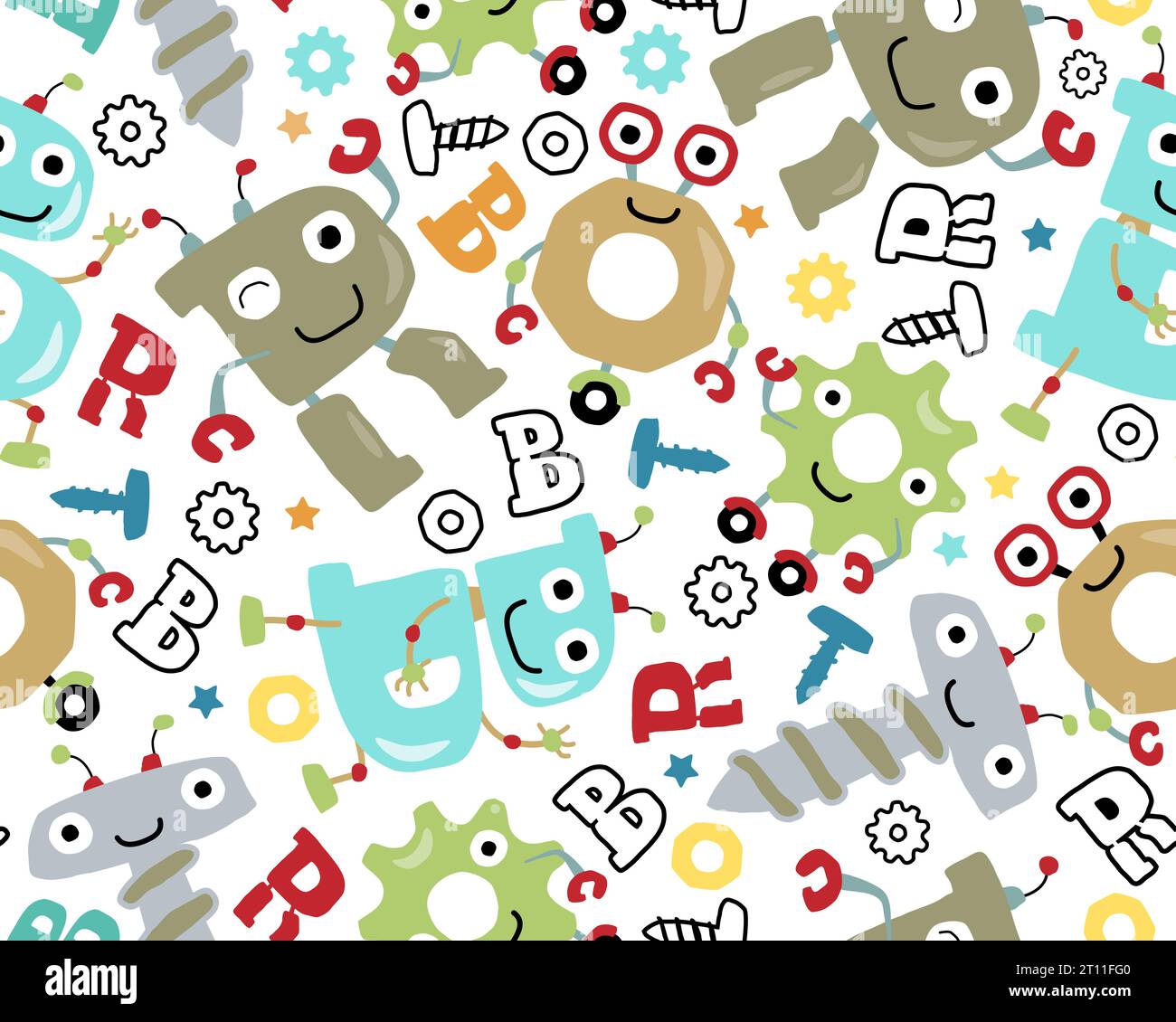 Vecteur de motif sans couture de dessin animé d'alphabet de robots drôles, illustration d'éléments de robot Illustration de Vecteur
