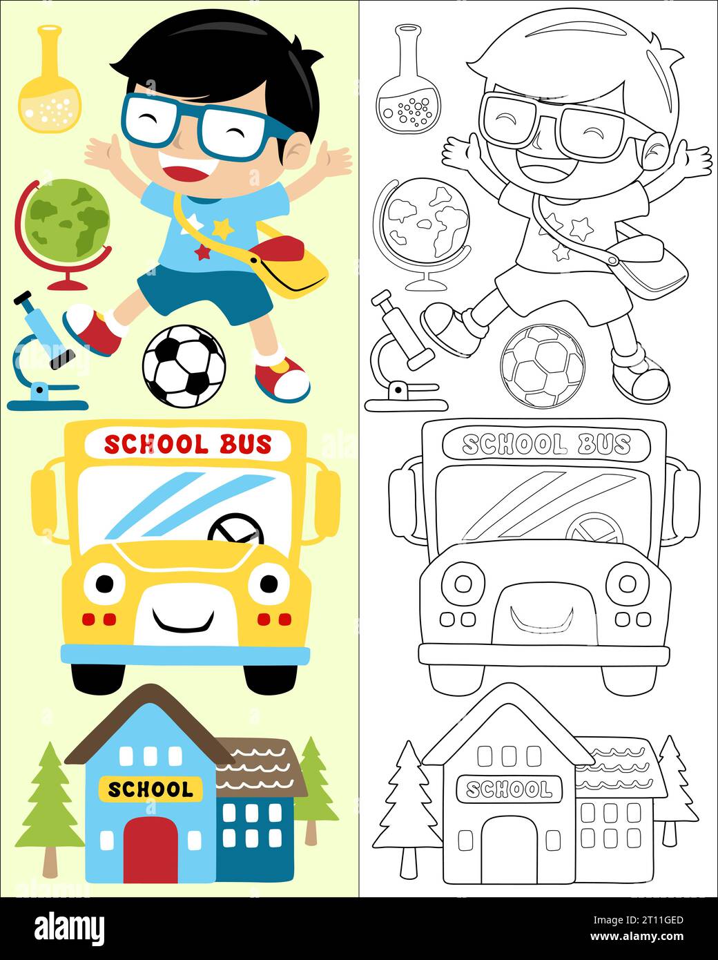 Illustration vectorielle de dessin animé d'étudiant heureux avec des éléments d'écoles. Livre ou page de coloriage pour les enfants Illustration de Vecteur
