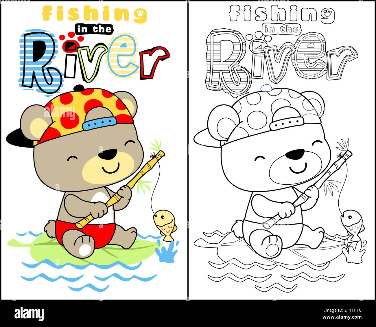 vecteur de livre de coloriage ou de page avec la pêche de dessin animé de petit ours Illustration de Vecteur
