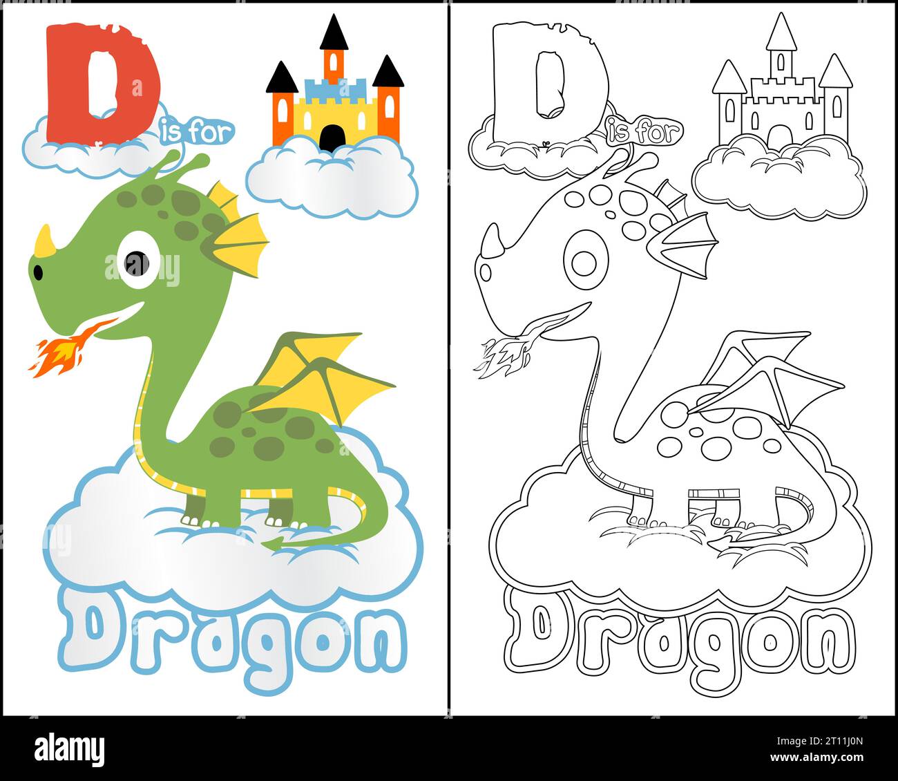 Dessin animé de dragon avec château sur les nuages, livre de coloriage ou page Illustration de Vecteur