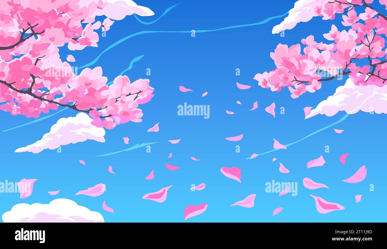 Branches de cerisier de sakura en fleurs roses avec des pétales tombant sur le fond d'un ciel bleu vif avec des nuages. Image vectorielle dans manga et anime St Illustration de Vecteur