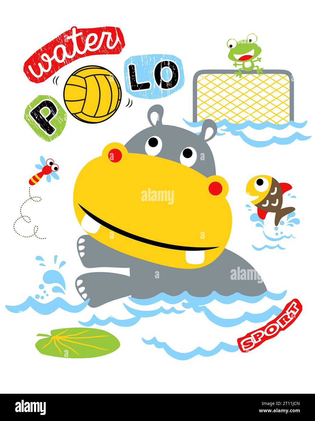 Dessin animé d'hippopotame jouant au water-polo avec grenouille, poisson et libellule Illustration de Vecteur