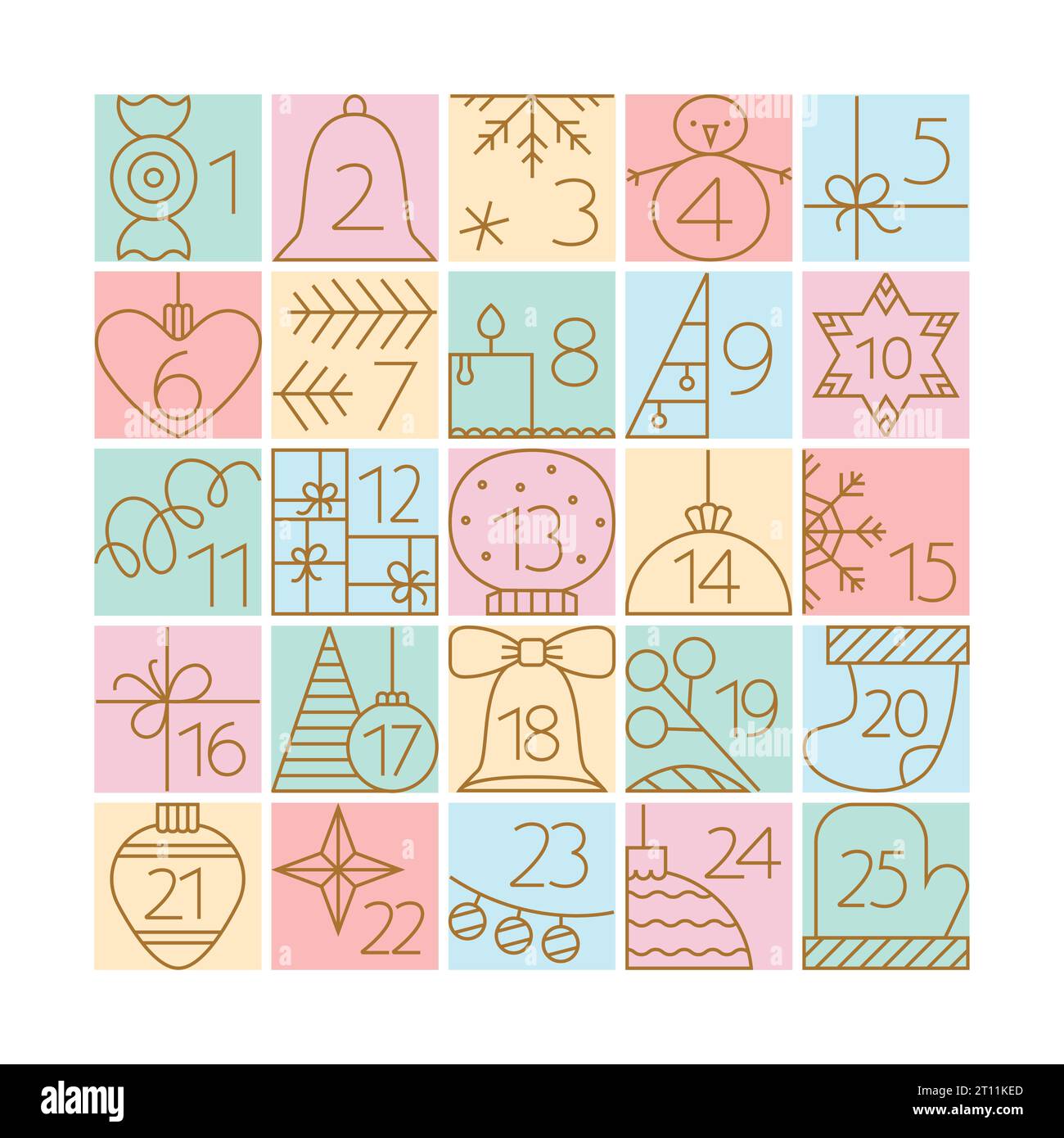 Éléments du calendrier de l'Avent de Noël avec des illustrations simples de ligne. Icônes de contour mignon sur fond clair avec bougie, étoile, jouet, boule. Illustration de Vecteur