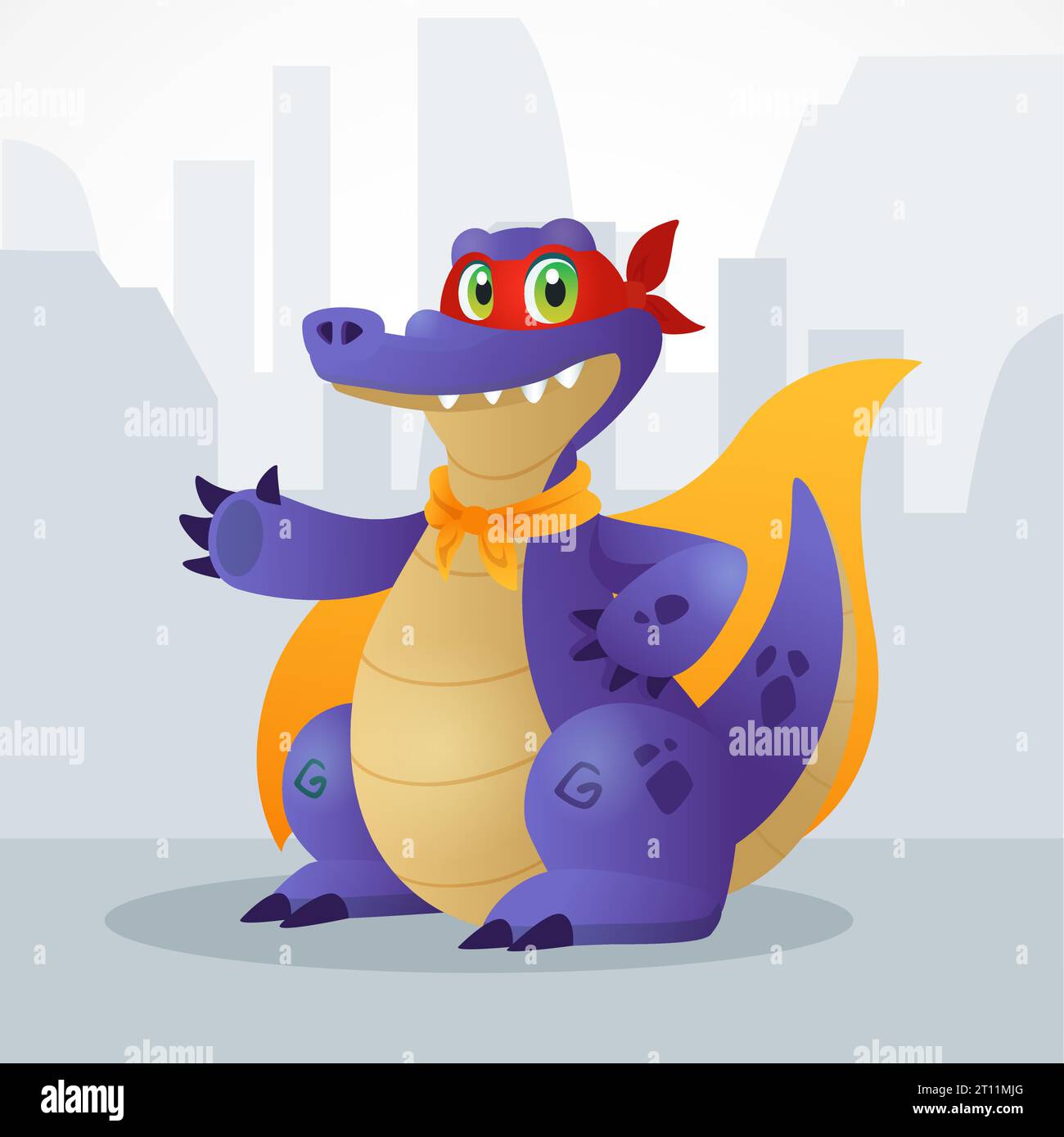 Super-héros crocodile violet de dessin animé en grand manteau jaune. Personnage de vecteur dans le masque d'espionnage pour le jeu. livre pour enfants, éducation, web ou advertisign Illustration de Vecteur
