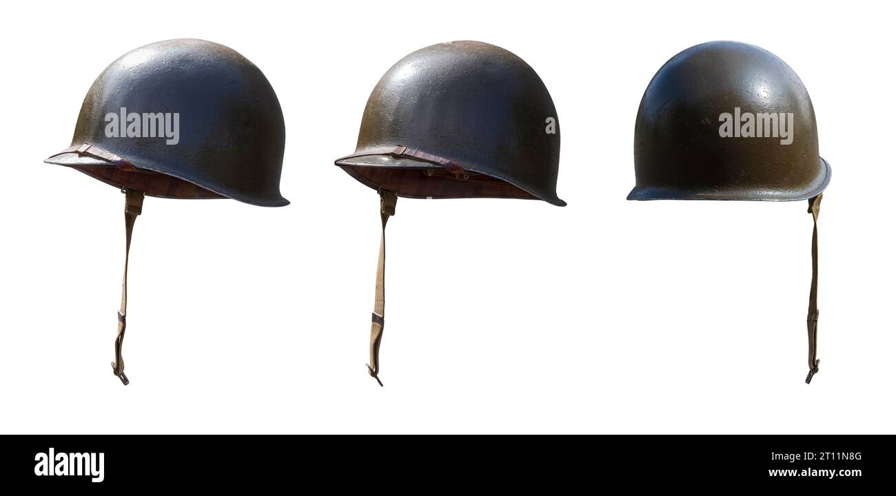 Vintage Seconde Guerre mondiale casque de l'armée des États-Unis à différents angles isolé sur un fond blanc Banque D'Images
