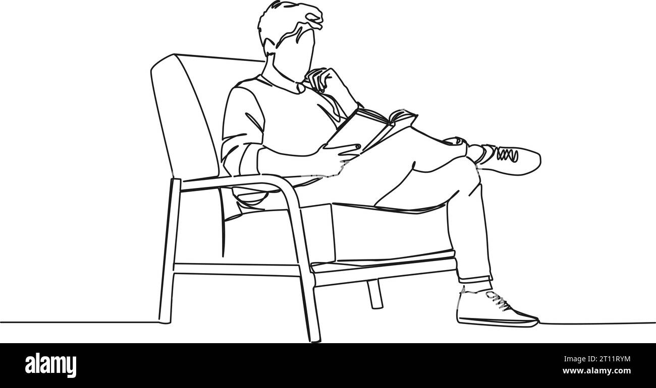 dessin continu d'une seule ligne de l'homme dans un fauteuil confortable lisant un livre, illustration vectorielle d'art de ligne Illustration de Vecteur