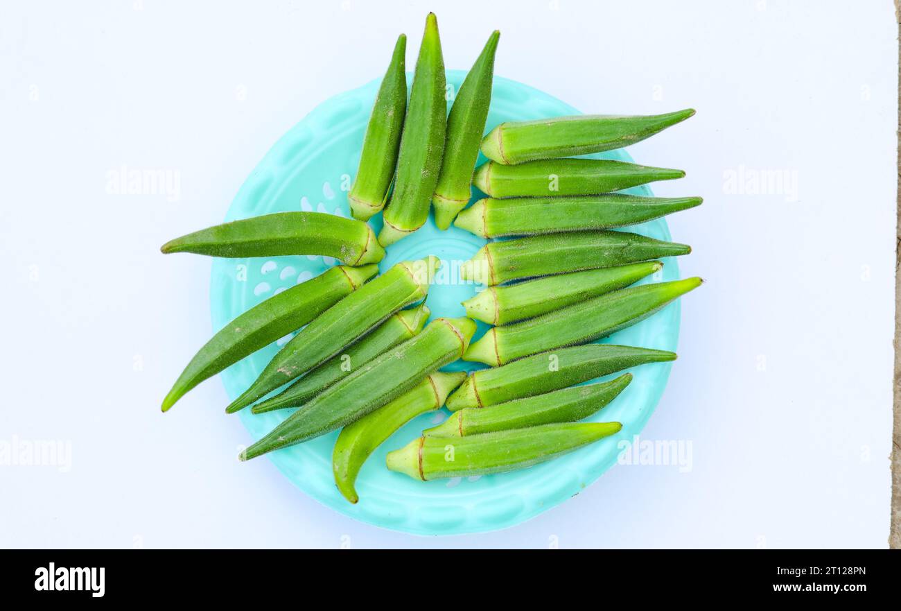 Gros plan d'okra frais isolé sur fond blanc. Légume d'okra vert frais isolé sur fond blanc. Okras sur fond blanc. Okra ou ladyf Banque D'Images