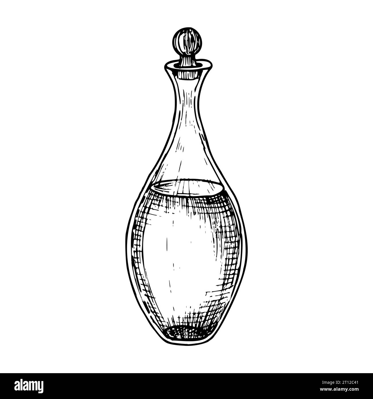 Décanteur en verre. Illustration vectorielle dessinée à la main de carafe transparente sur fond isolé pour l'huile essentielle ou d'olive. Dessin de bouteille ou de flacon en noir et blanc. Esquisse de dessin au trait. Illustration de Vecteur