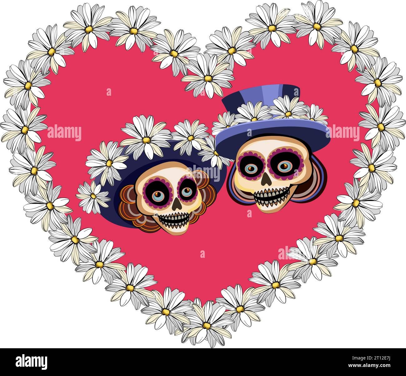 Un couple de crânes en chapeaux avec des fleurs à l'intérieur du coeur. Illustration vectorielle Illustration de Vecteur