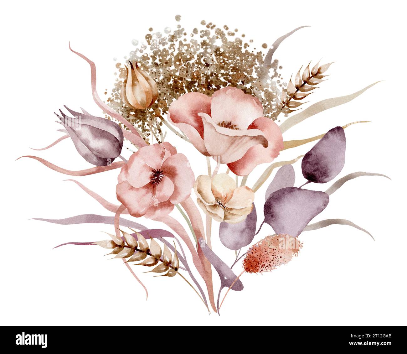 Bouquet d'aquarelle de fleurs sauvages. Ensemble d'illustration de bouquet floral de fleurs séchées sur un fond blanc dessiné à la main. Banque D'Images
