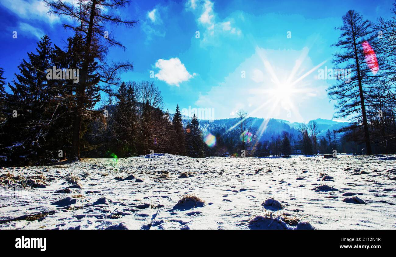 Parc national des Tatras avec maison populaire polonaise typique à côté de la ville de Zakopane - station de ski, et à côté du téléphérique sur Kasprowy Wierch. Soleil brillant en blu Banque D'Images