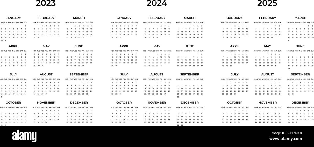 Calendrier 2024 début lundi 2025 et 2023 modèle de planificateur Illustration de Vecteur