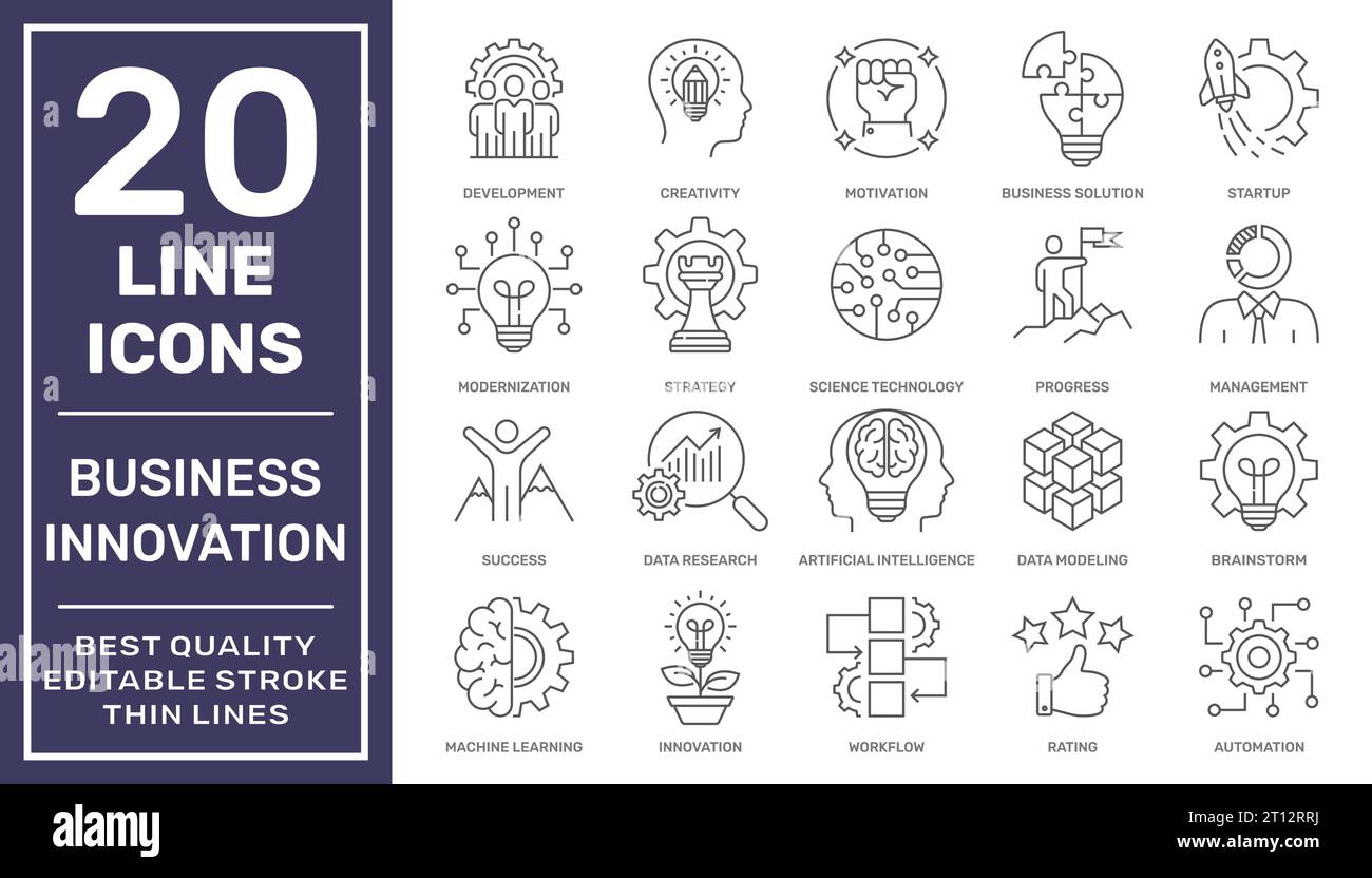 Jeu d'icônes liées aux solutions commerciales créatives. Icônes des innovations commerciales. Gestion d'équipe d'innovation. Contour modifiable. SPE 10 Illustration de Vecteur