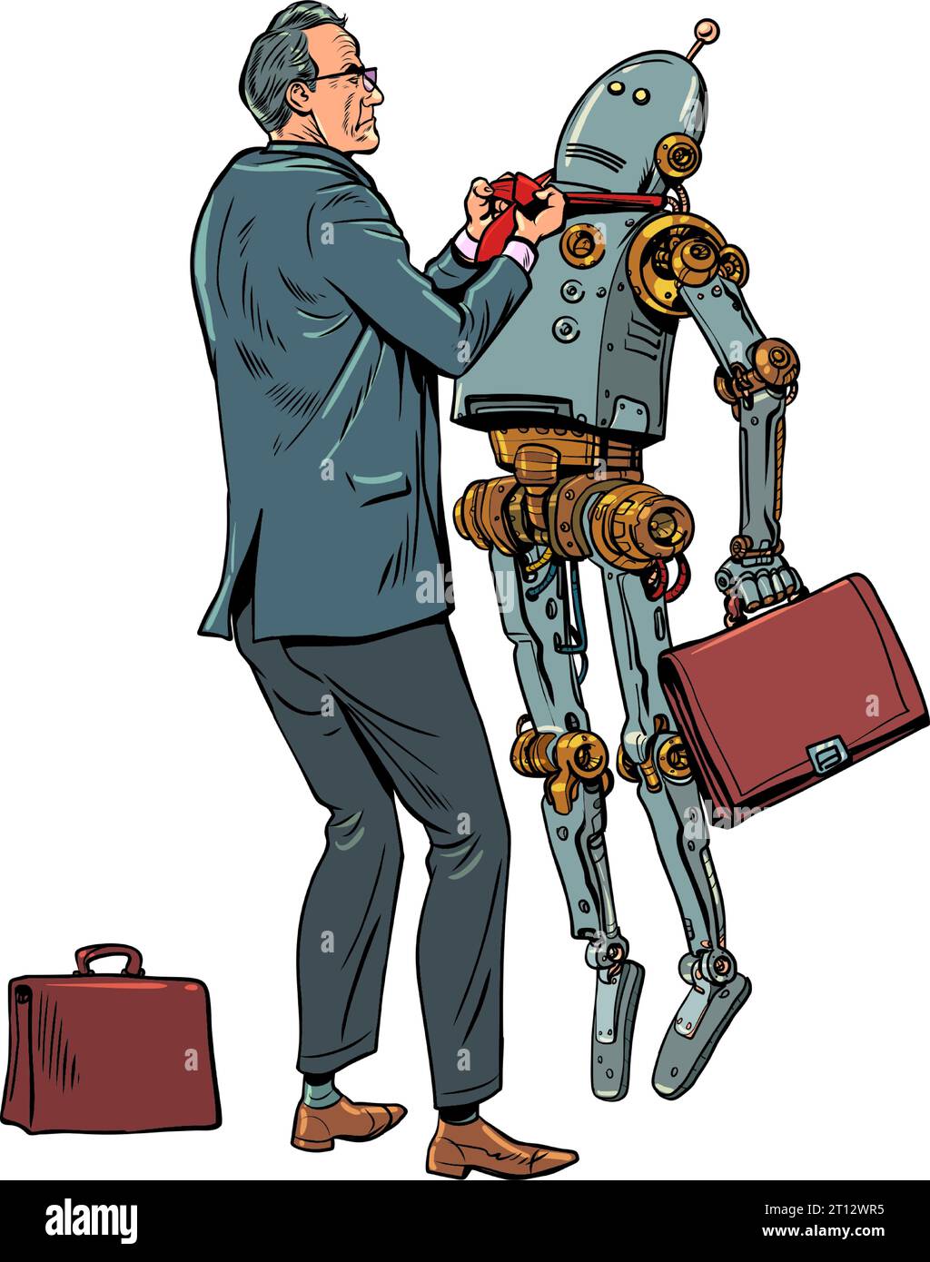 L'employé de bureau est insatisfait du travail du robot. Protester contre l'intelligence artificielle et la lutte contre elle. Le problème avec Illustration de Vecteur