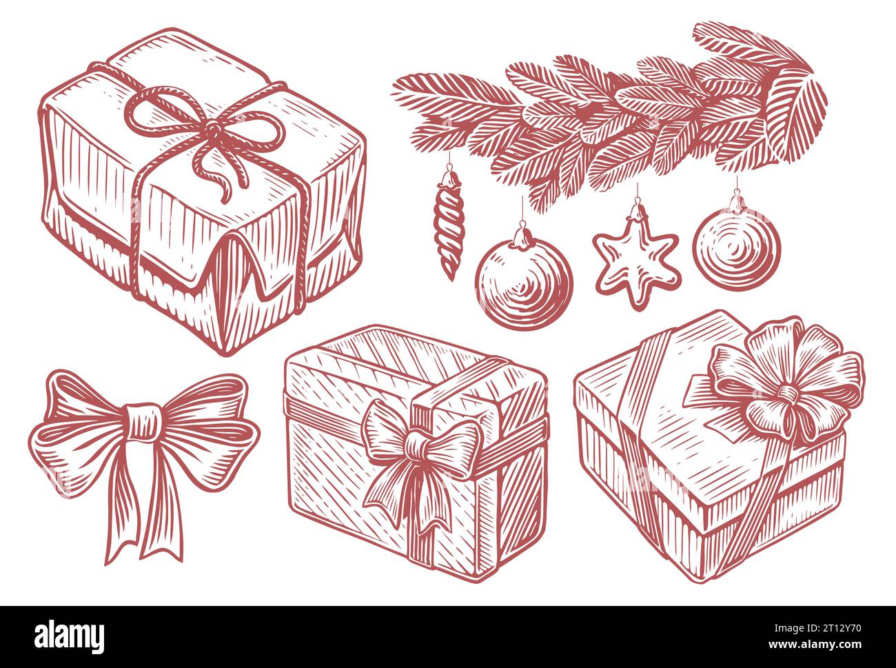 Cadeau de Noël, boîte avec arc, branche de sapin avec décorations. Illustration vectorielle d'esquisse vintage dessinée à la main Illustration de Vecteur