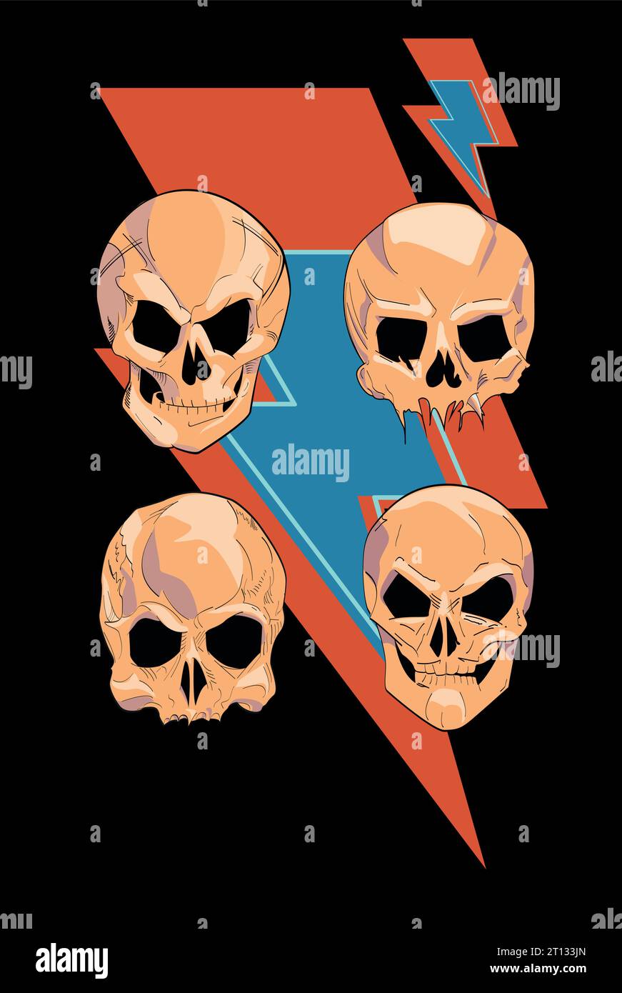 Conception de T-shirt du symbole Thunderbolt avec quatre crânes isolés sur noir. Affiche Glam rock. Illustration de Vecteur