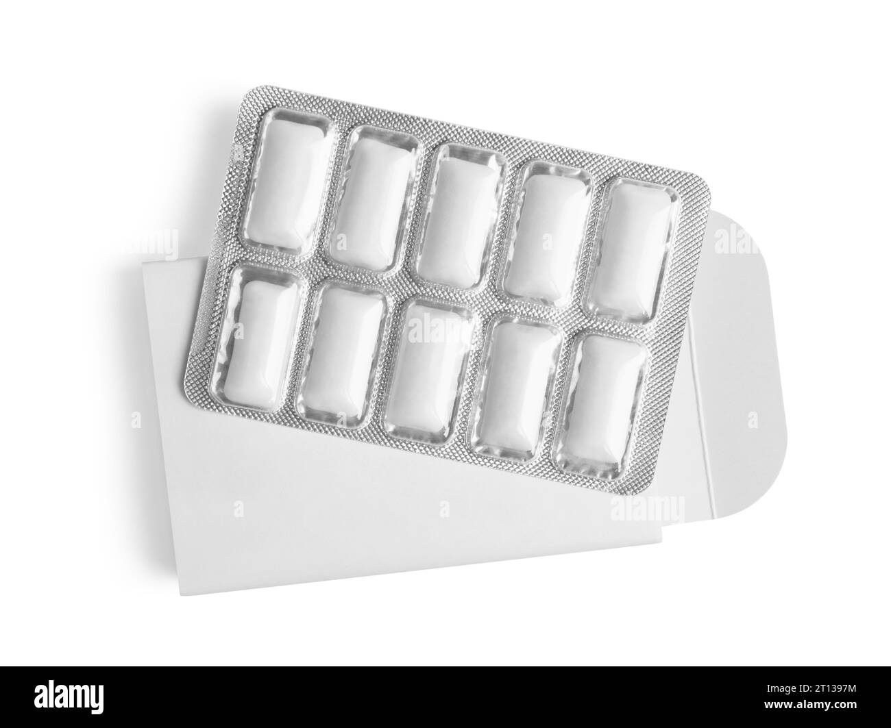 Pack et blister avec chewing-gums isolé sur blanc, vue de dessus Banque D'Images