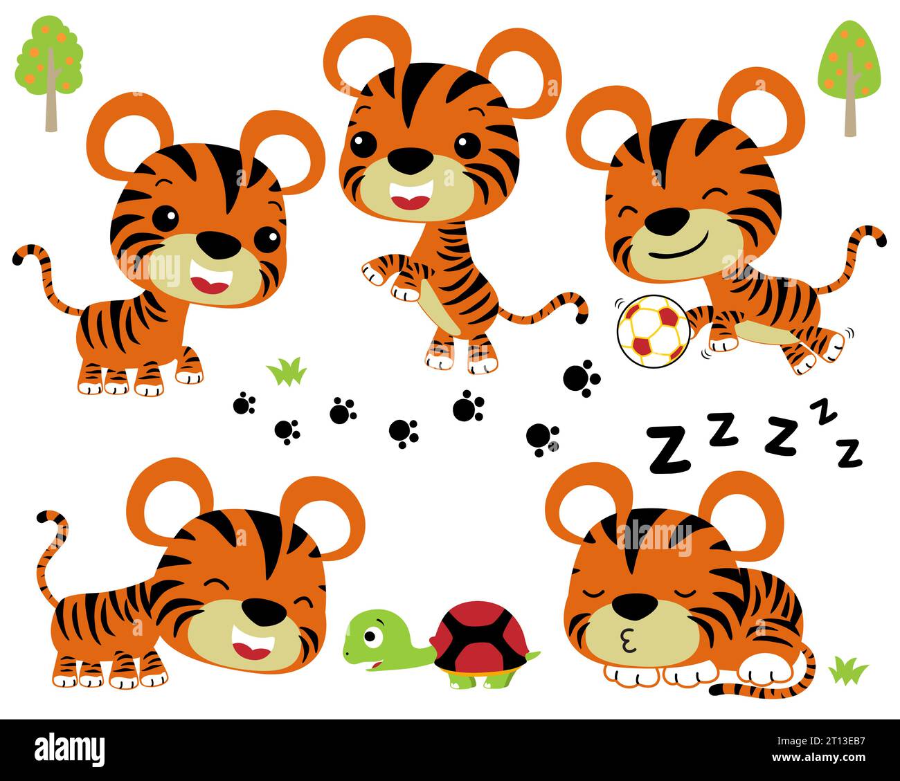 Ensemble d'illustration vectorielle de dessin animé petit tigre dans l'activité différente avec tortue Illustration de Vecteur
