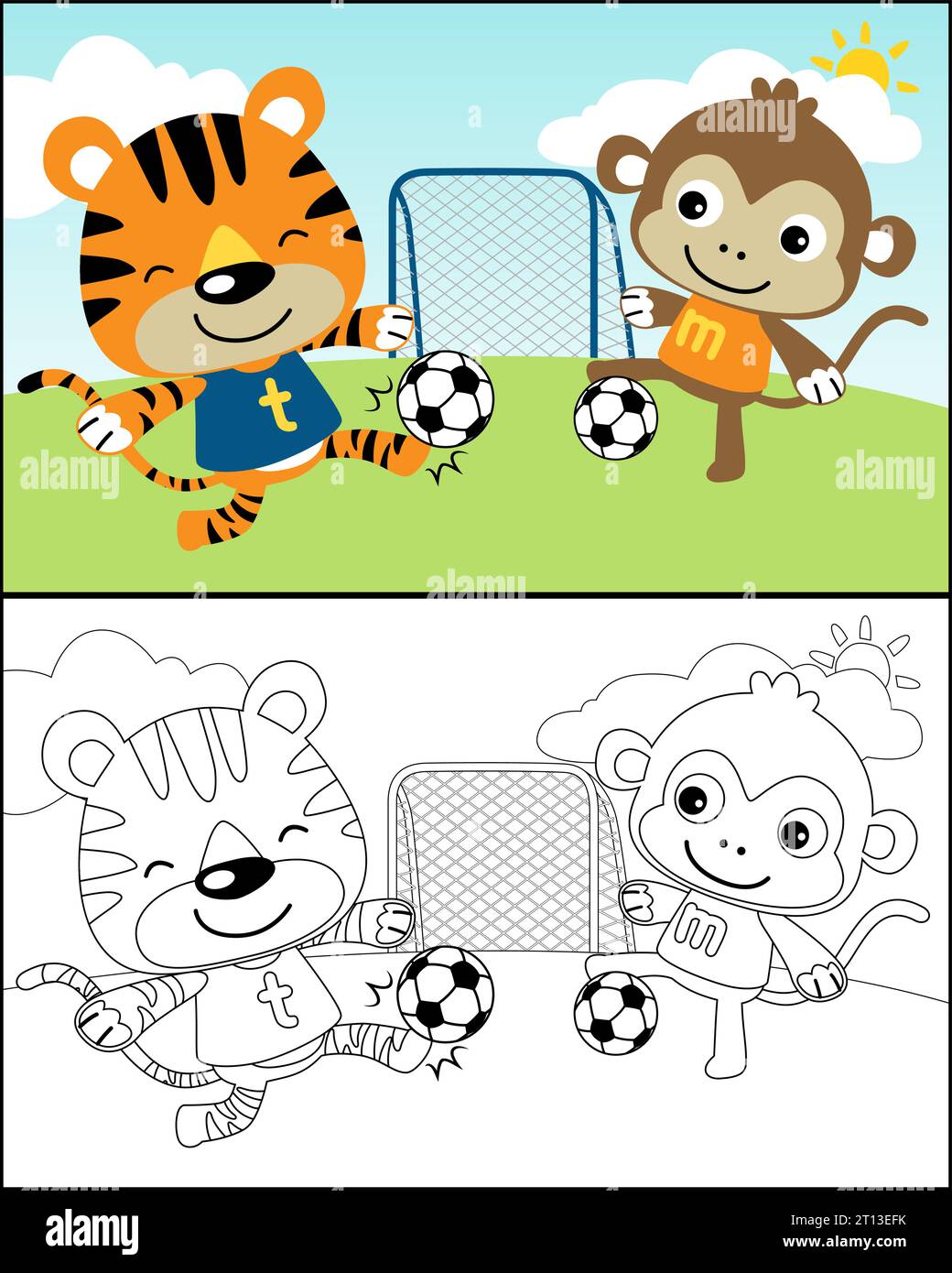 Illustration de dessin animé vectoriel avec tigre drôle et singe jouant au football, livre de coloriage ou page Illustration de Vecteur