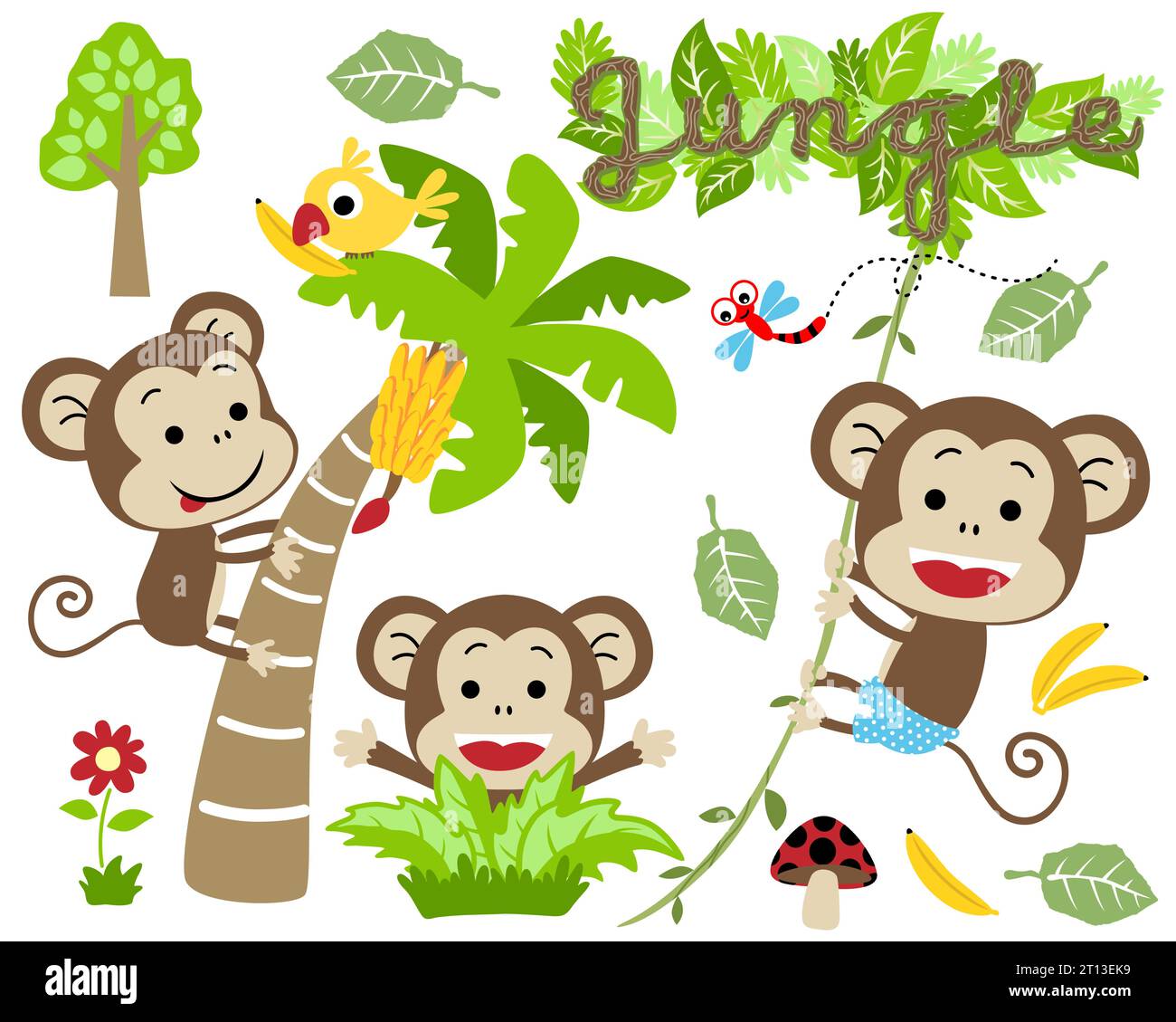 Ensemble de vecteur de dessin animé drôle de singe dans une activité différente avec oiseau et libellule, illustration d'éléments de jungle Illustration de Vecteur