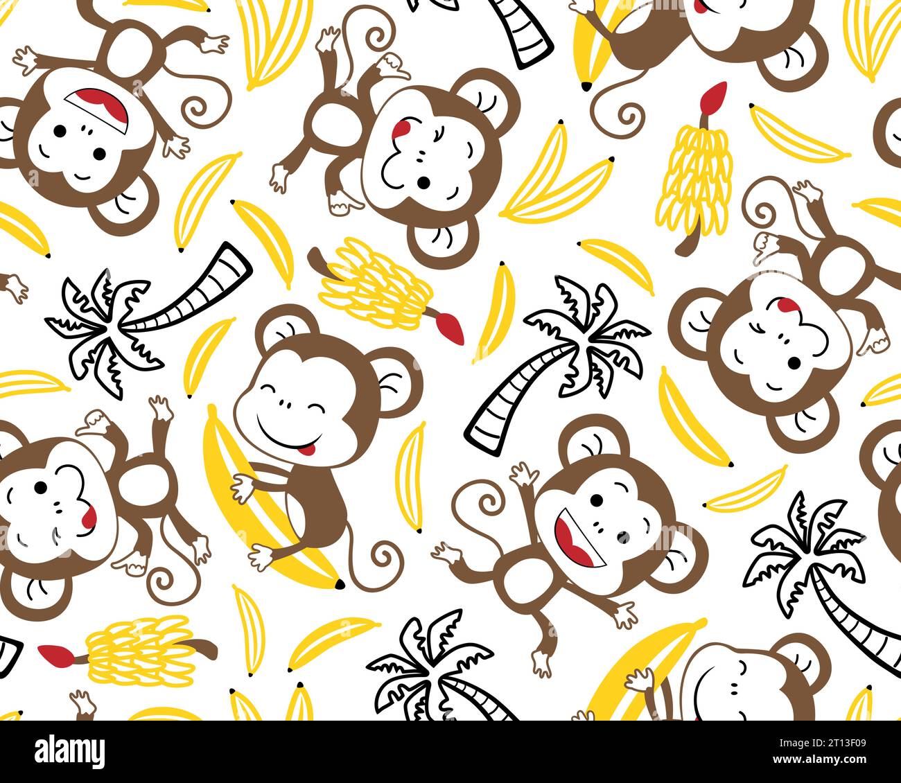 vecteur de motif sans couture de dessin animé drôle de singe avec banane et arbre de bananes Illustration de Vecteur