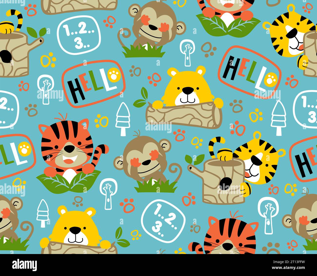 Vecteur de motif sans couture avec dessin animé d'animaux adorables jouant à cache-cache. Tigre, singe, ours et éléments de jungle Illustration de Vecteur