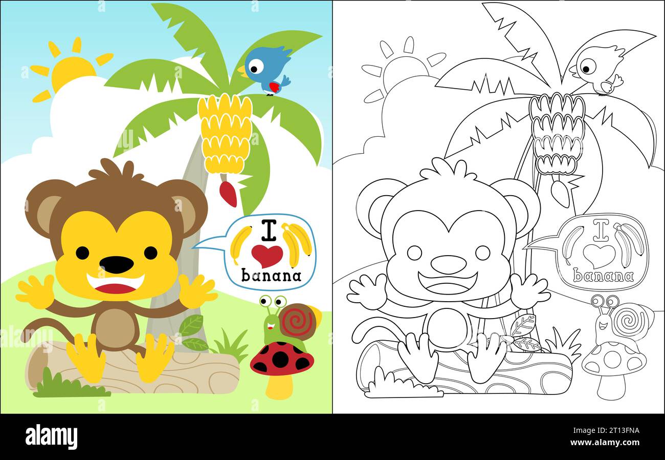 Vecteur de livre de coloriage de petit dessin animé de singe avec de petits amis dans le bananier sur fond de ciel bleu Illustration de Vecteur