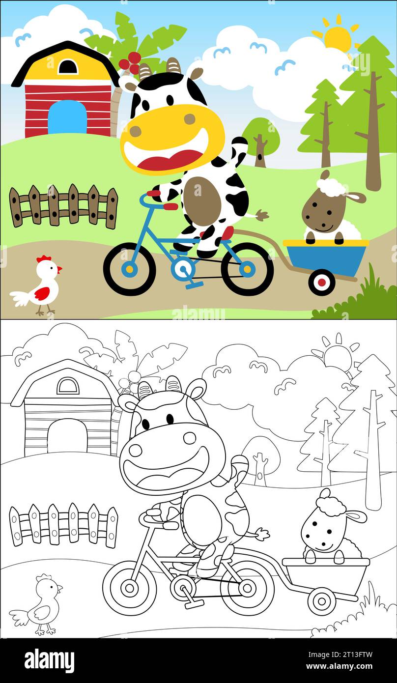 Vecteur de livre de coloriage de vélo drôle d'équitation de vache tirant des moutons sur la brouette. Animaux de ferme sur fond de champ de ferme Illustration de Vecteur