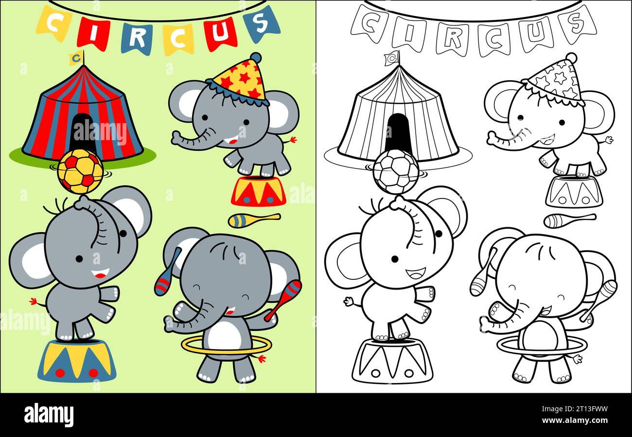 Vecteur de livre de coloriage avec dessin animé d'éléphant dans le spectacle de cirque Illustration de Vecteur