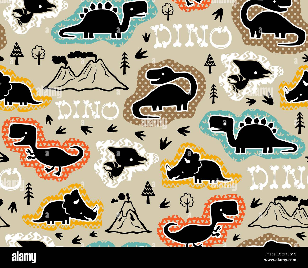 Vecteur de motif sans couture de dessin animé de silhouette de dinosaures, sentier, volcans et arbres Illustration de Vecteur