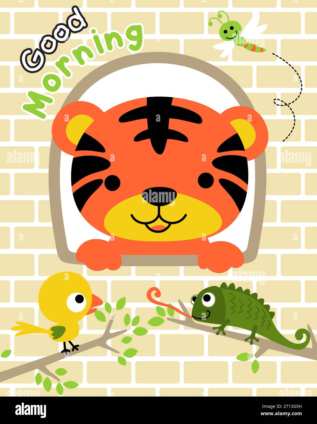 Vecteur de petit dessin animé de tigre dans la fenêtre avec oiseau, libellule et caméléon sur les branches d'arbre Illustration de Vecteur
