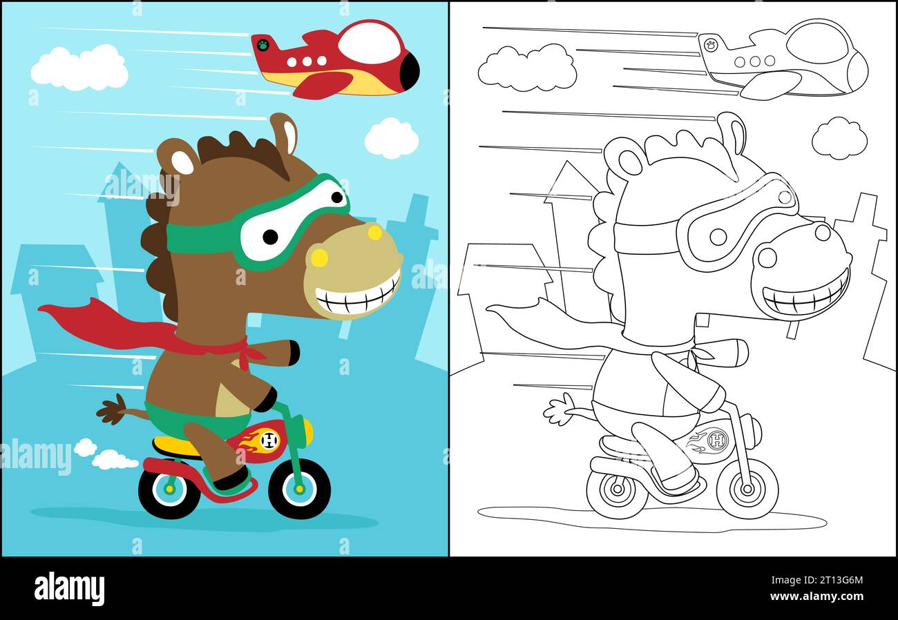 Vecteur de livre de coloriage de cheval drôle en costume de super héros moto sur fond de bâtiments avec un avion Illustration de Vecteur