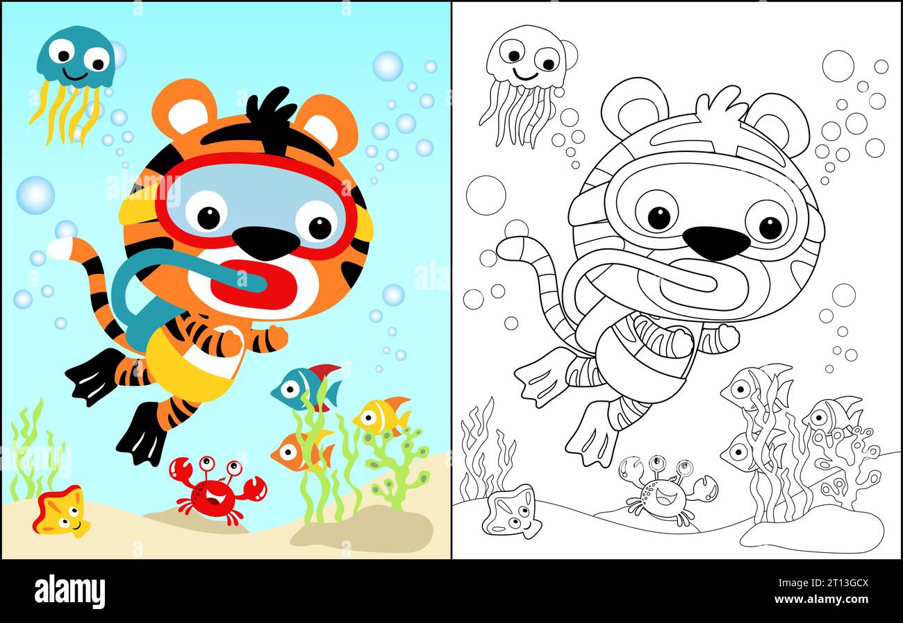 Livre de coloriage vecteur de tigre plongée sous-marine avec des animaux marins Illustration de Vecteur