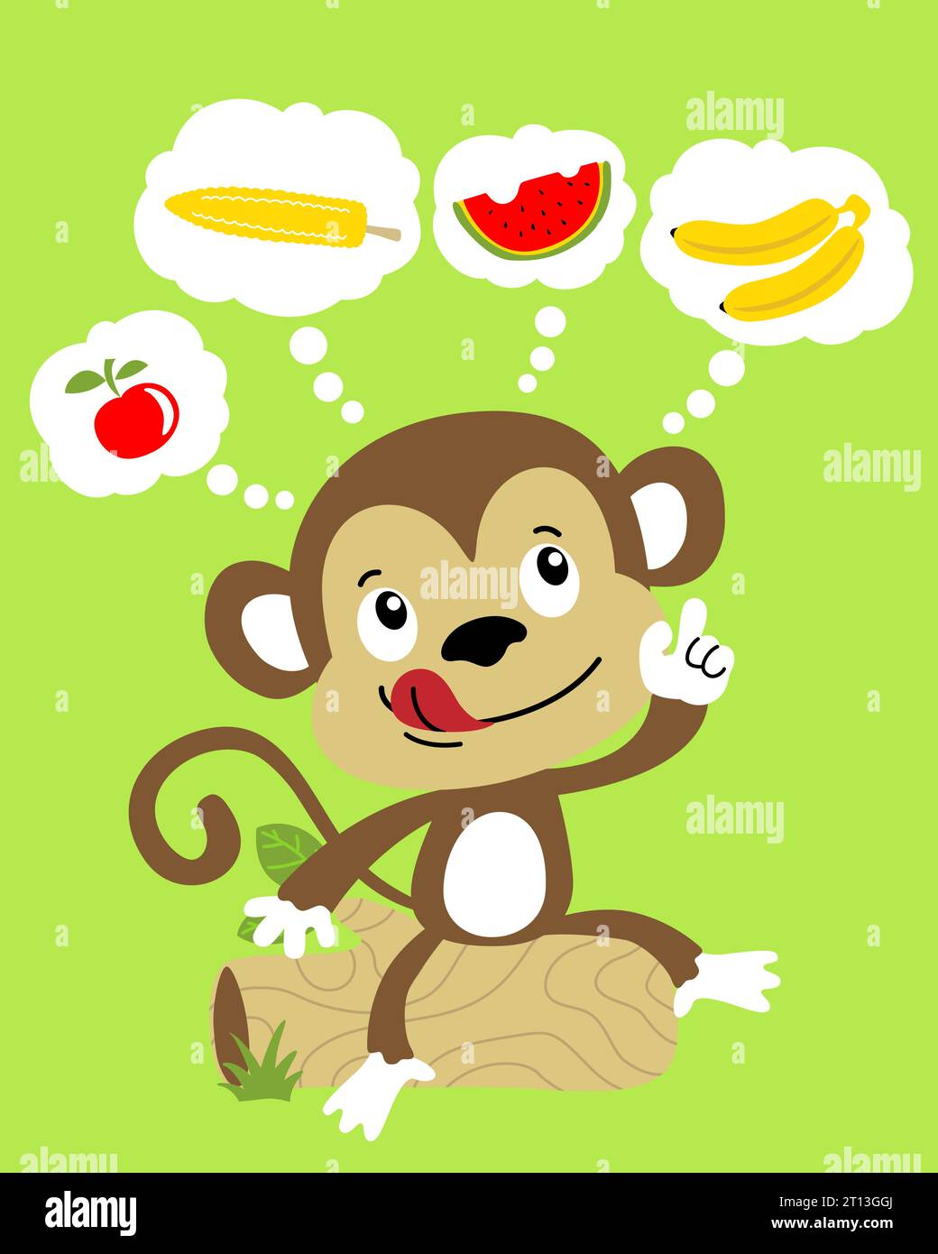 Dessin animé drôle de singe assis sur le tronc d'arbre pensant aux fruits Illustration de Vecteur