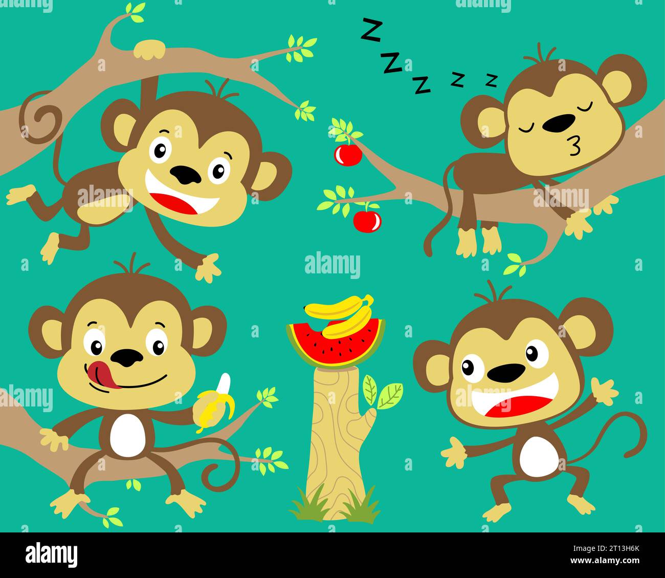 Ensemble de vecteur de dessin animé drôle de singe dans les branches d'arbre avec des fruits Illustration de Vecteur
