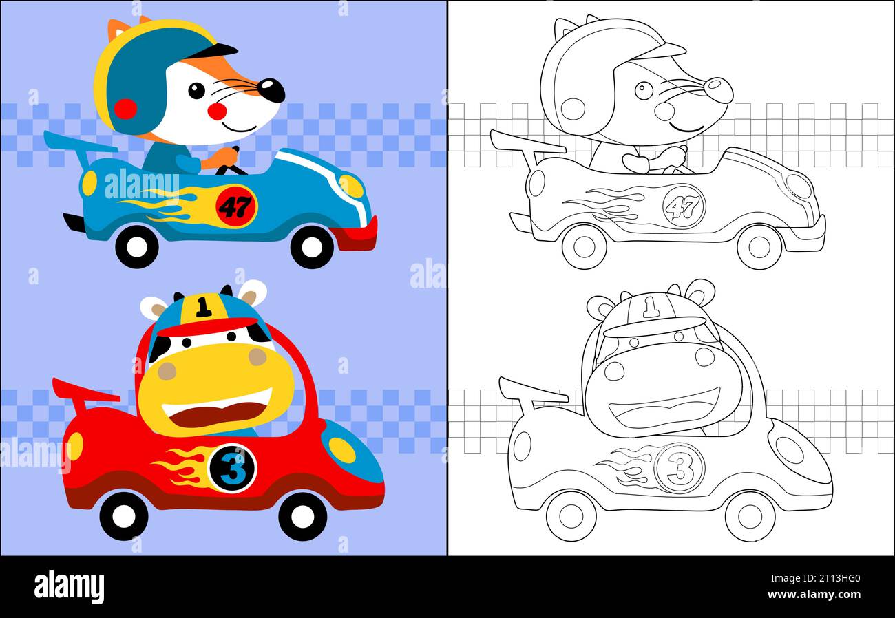 Livre de coloriage de voiture de course de dessin animé de renard et de vache Illustration de Vecteur