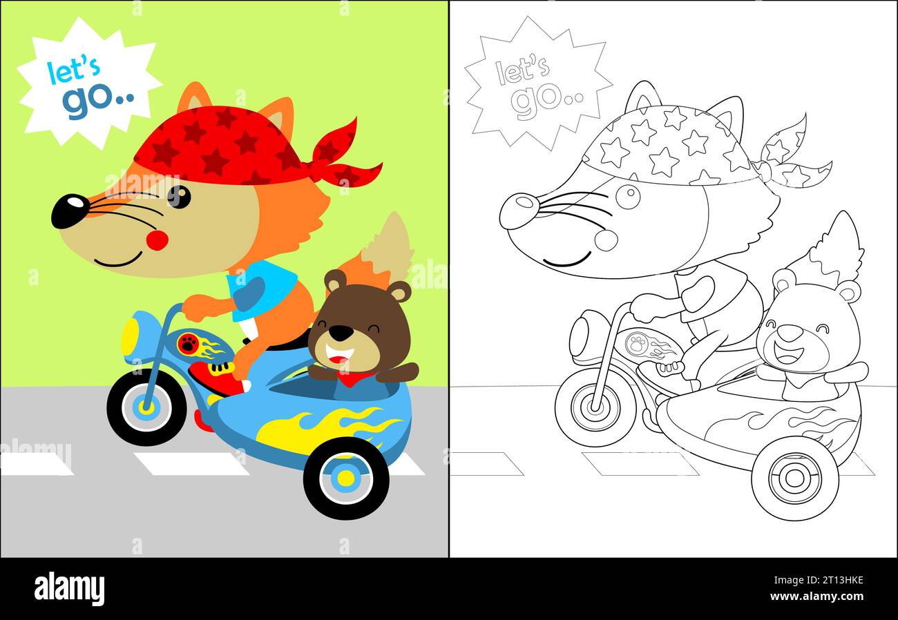 Livre de coloriage de dessin animé drôle de renard et d'ours sur moto Illustration de Vecteur