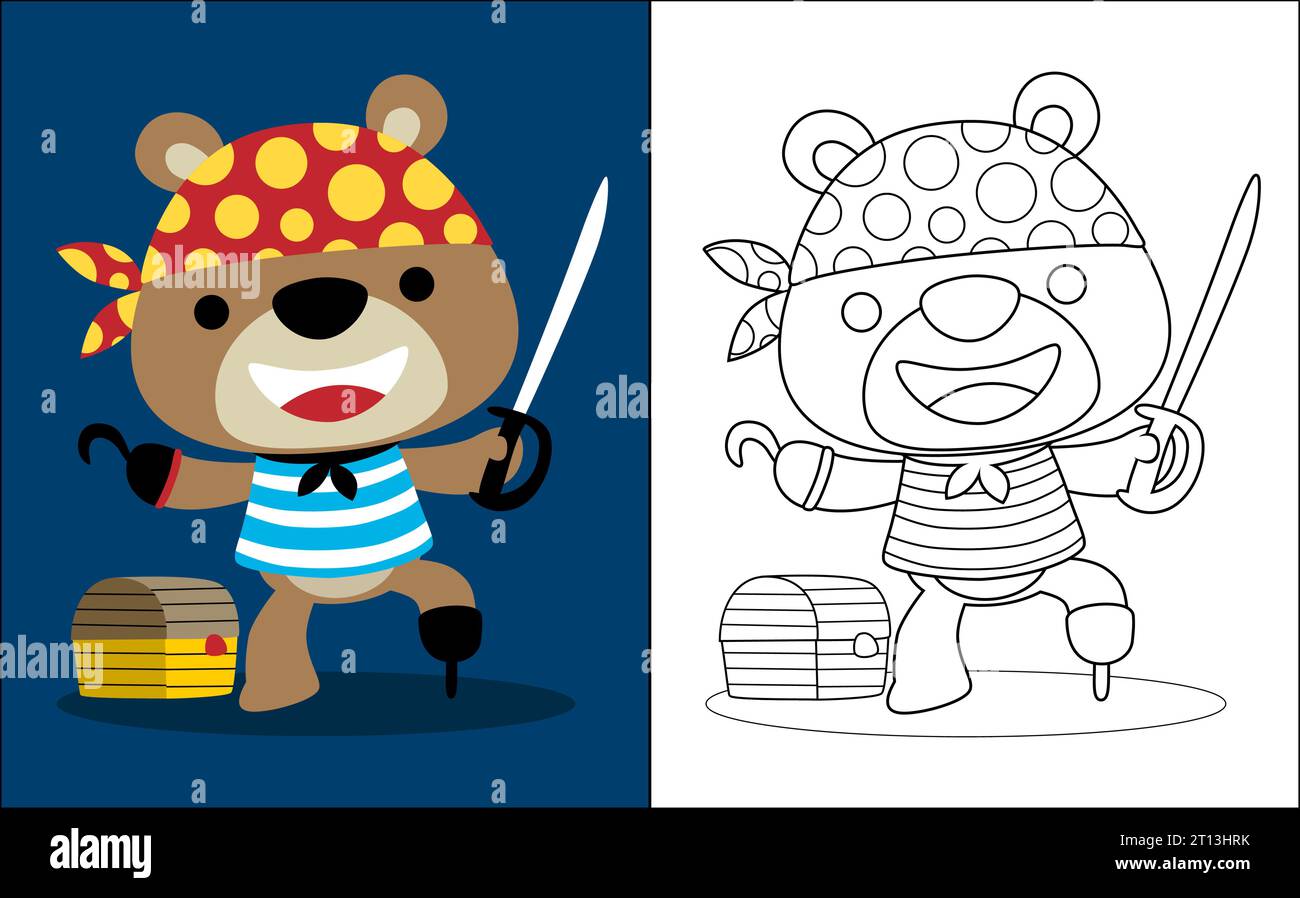 Illustration vectorielle de livre de coloriage avec dessin animé drôle d'ours en costume de pirate avec coffre au Trésor Illustration de Vecteur
