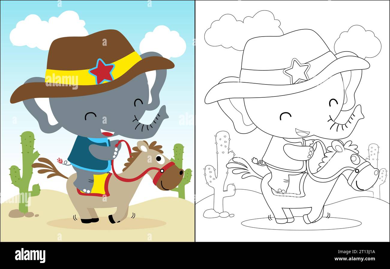 Illustration vectorielle de livre de coloriage avec petit dessin animé d'éléphant en costume de cow-boy chevauchant un cheval Illustration de Vecteur