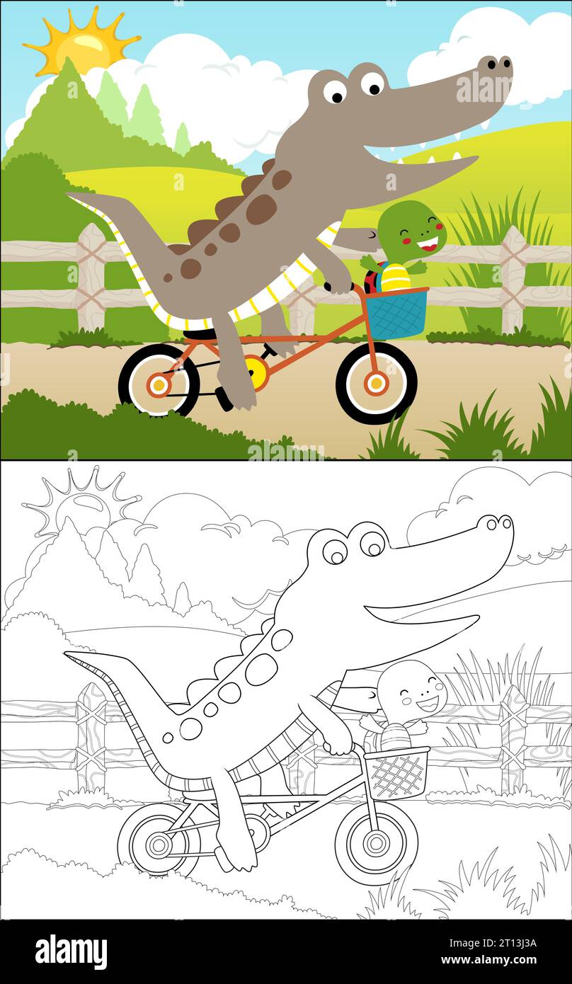 Illustration vectorielle de livre de coloriage, cyclisme avec crocodile et dessin animé de tortue Illustration de Vecteur