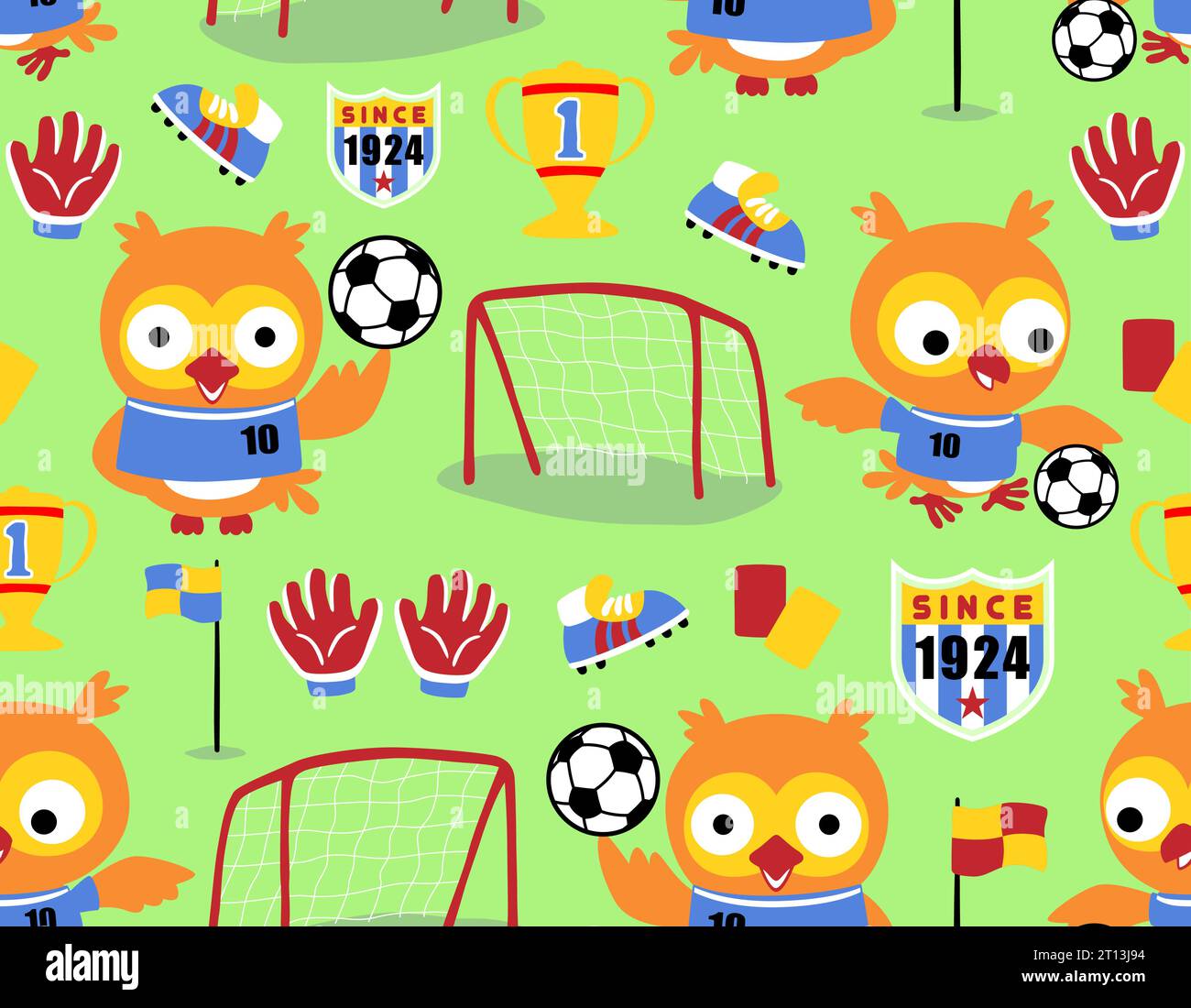 Vecteur de motif sans couture de chouette mignonne jouant au football, dessin animé d'éléments de football Illustration de Vecteur