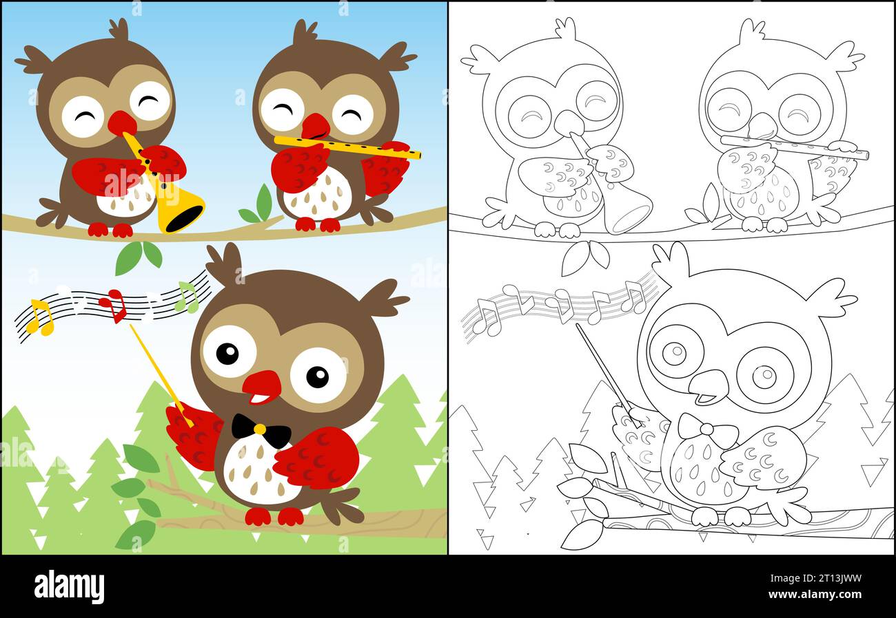 Coloriage livre ou page, groupe de bande dessinée hibou jouant de la musique dans la forêt Illustration de Vecteur