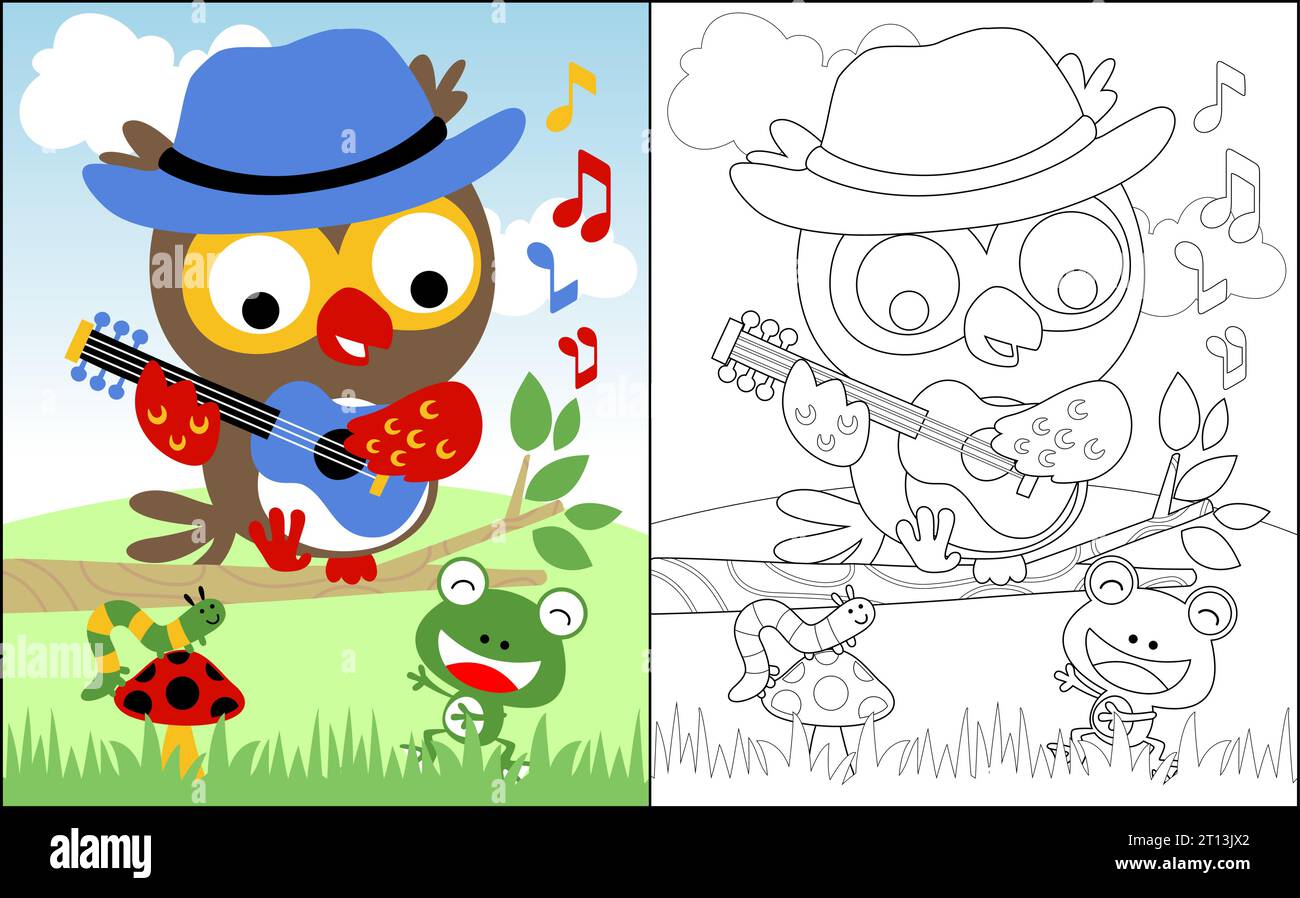 Coloriage livre ou page avec bande dessinée hibou jouant de la guitare avec chenille et grenouille dans la forêt Illustration de Vecteur
