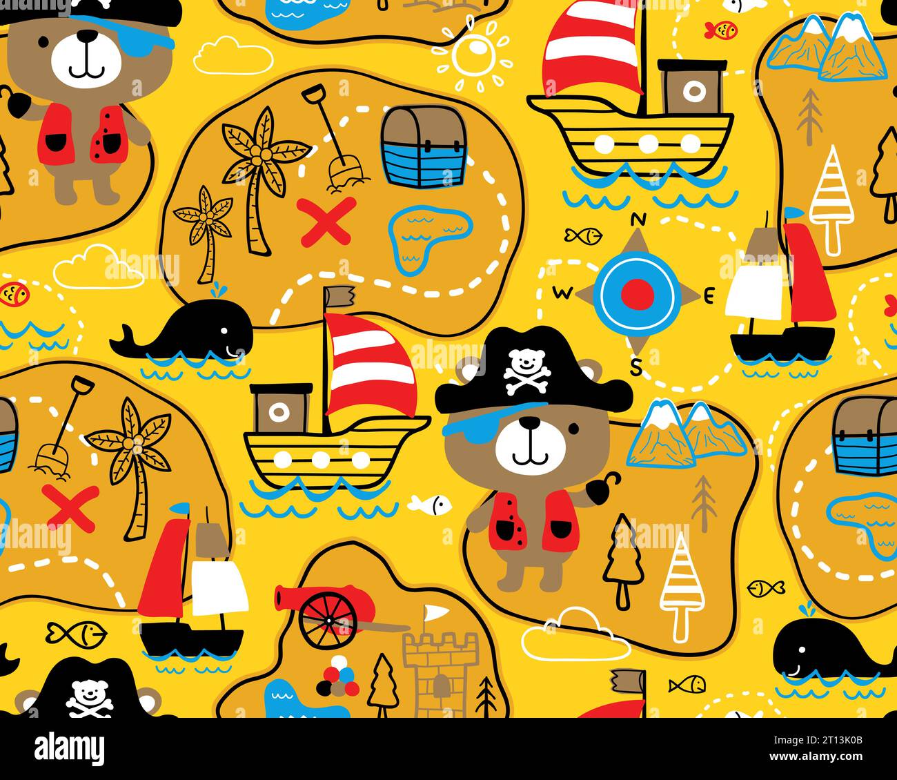 Vecteur de motif sans couture de dessin animé d'éléments pirates. Ours mignon en costume de pirate avec équipement de voile Illustration de Vecteur